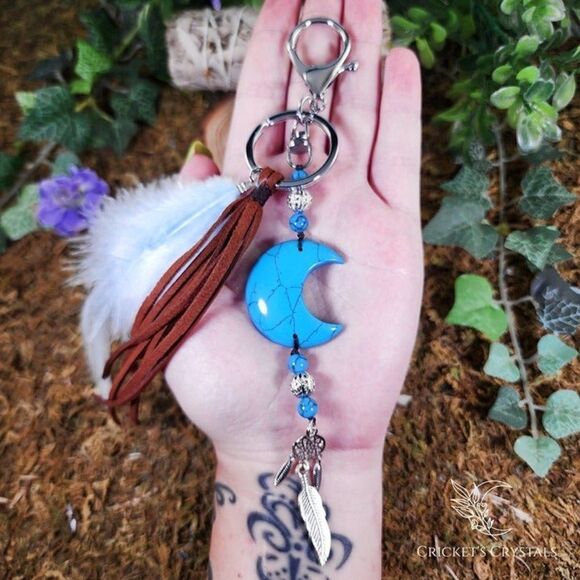 Handmade Turquoise Howlite Moon Keychain #11 - Picture 1 of 2